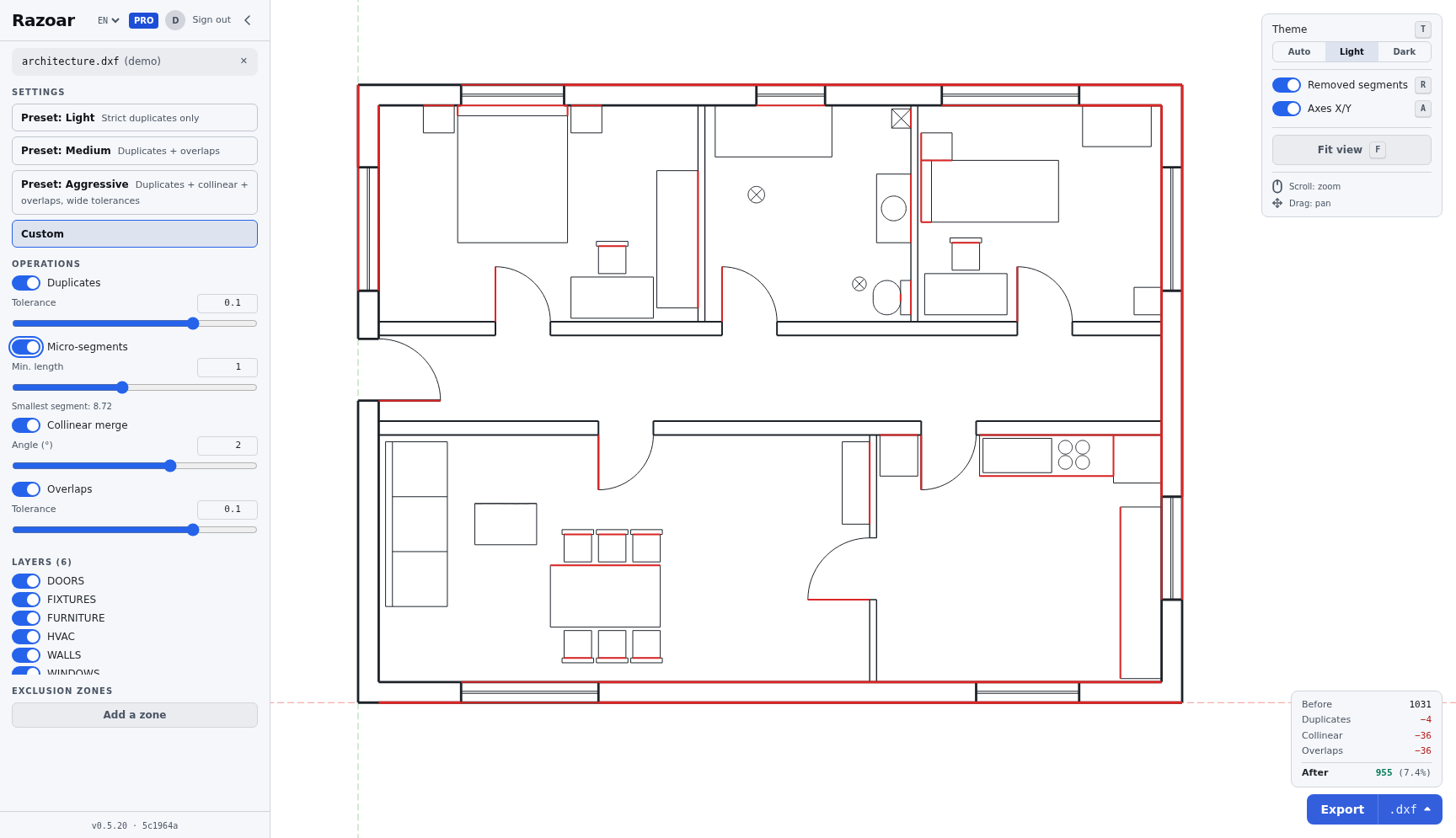 Razoar cleaning a Swiss T3 apartment floor plan — duplicates, micro-segments, collinear merge and overlap passes all active, red overlay shows the segments removed
