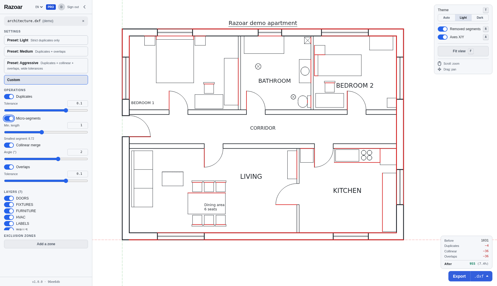 Razoar cleaning a Swiss T3 apartment floor plan — duplicates, micro-segments, collinear merge and overlap passes all active, red overlay shows the segments removed